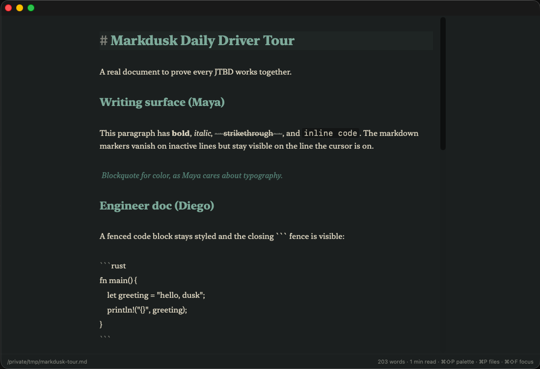 The Markdusk editor showing soft-WYSIWYG markdown in the Smoke theme